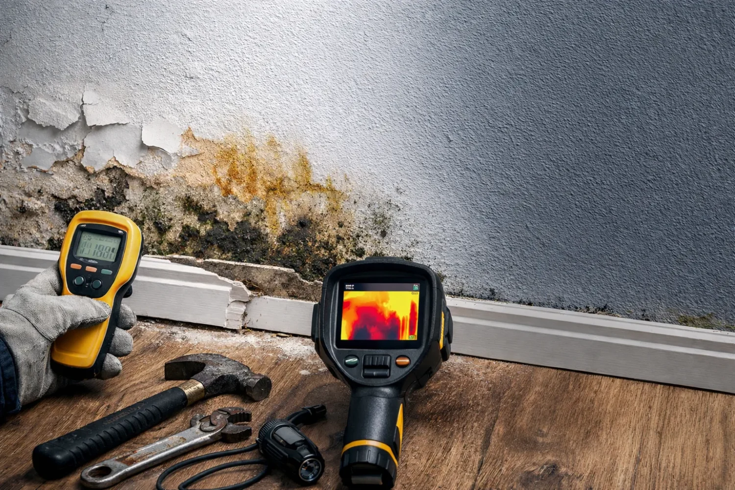 סימני רטיבות מעל הפאנלים בקיר פנימי עם קילופי צבע, עובש ואיתור נזילה באמצעות ציוד מקצועי