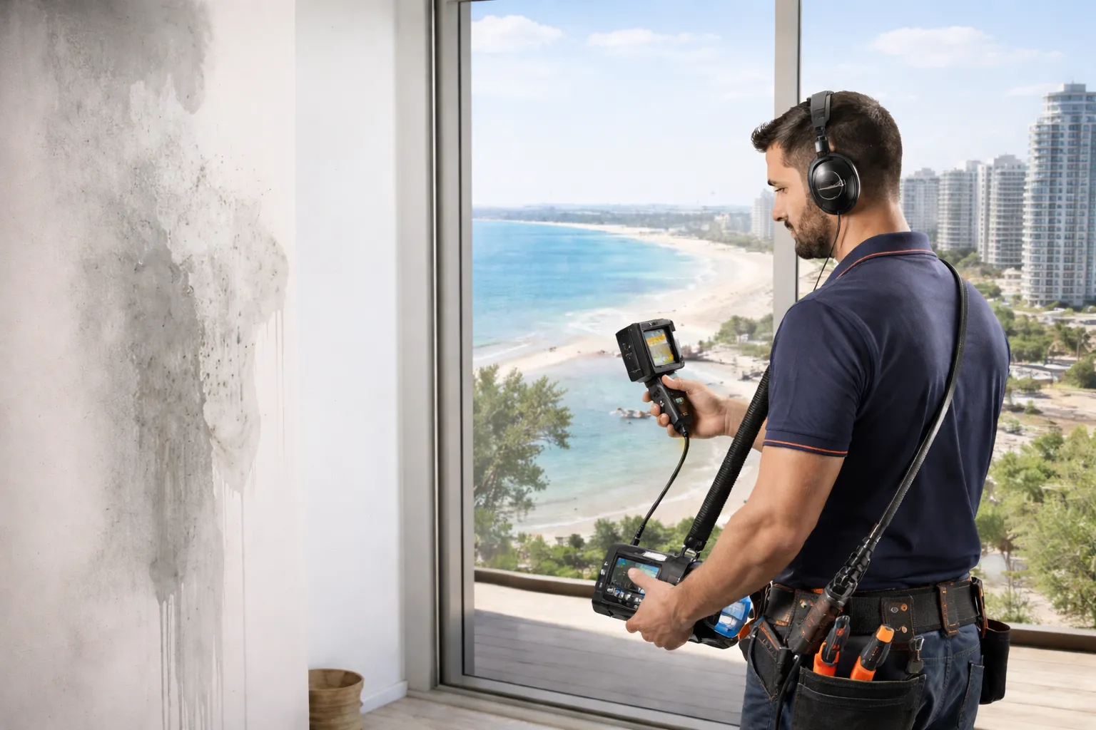 איתור נזילות באשדוד באמצעות מצלמה תרמית בדירה עם נזקי רטיבות בקיר