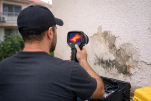 איתור נזילות בקיר חיצוני בחולון עם מצלמה תרמית לזיהוי מקור רטיבות בצנרת סמויה