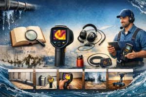 אילוסטרציה לרוחב של כלי איתור נזילות מים – מצלמה תרמית, גלאי אקוסטי וצנרת דולפת בסביבה מקצועית ללא טקסט