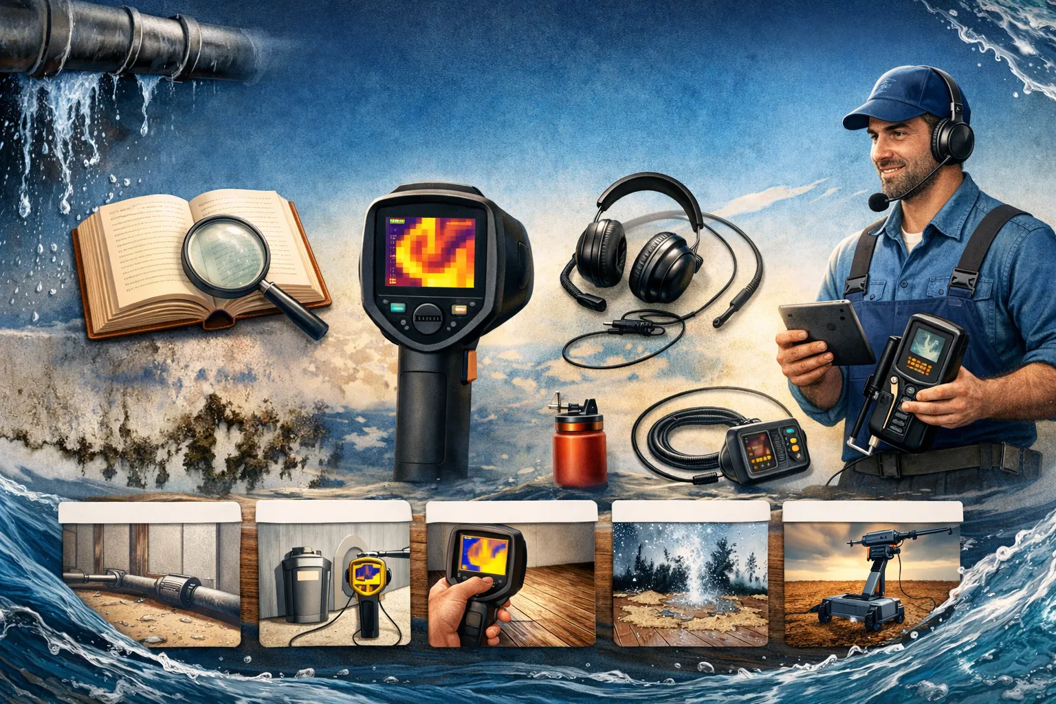 אילוסטרציה לרוחב של כלי איתור נזילות מים – מצלמה תרמית, גלאי אקוסטי וצנרת דולפת בסביבה מקצועית ללא טקסט