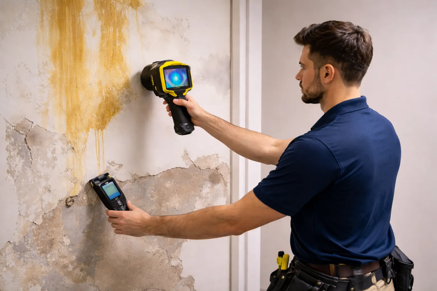 איתור נזילה בקיר גבס באמצעות מצלמה תרמית ומד לחות – בדיקה מקצועית לאיתור רטיבות סמויה וכתמי מים ללא הרס הקיר